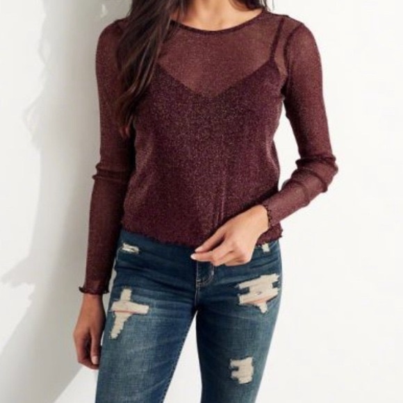 Hollister Tops - 2/15!!🦋Burgundy Glitter Mesh Hollister Top🖤💋